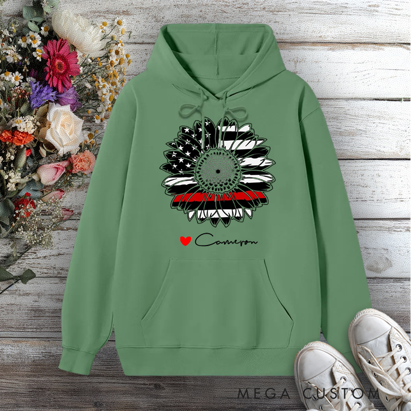 Personalized Hoodie Firefighter Thin Red Line Sunflower Design Gift for Firefighter