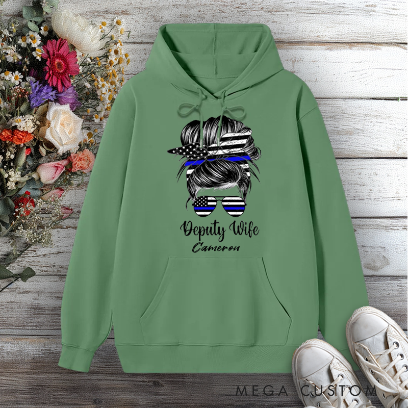 Personalized Police Hoodie Deputy Wife Design with Messy Bun and Thin Blue Line Gift for Police officer
