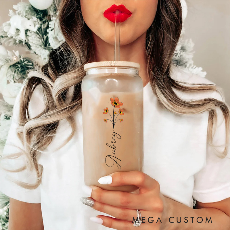 Personalized Wild Flower Glass Coffee Cup with Name Custom Christian Faith Birth Flower Tumbler Party Favor Gift for Women Girls Trip Gift for Her