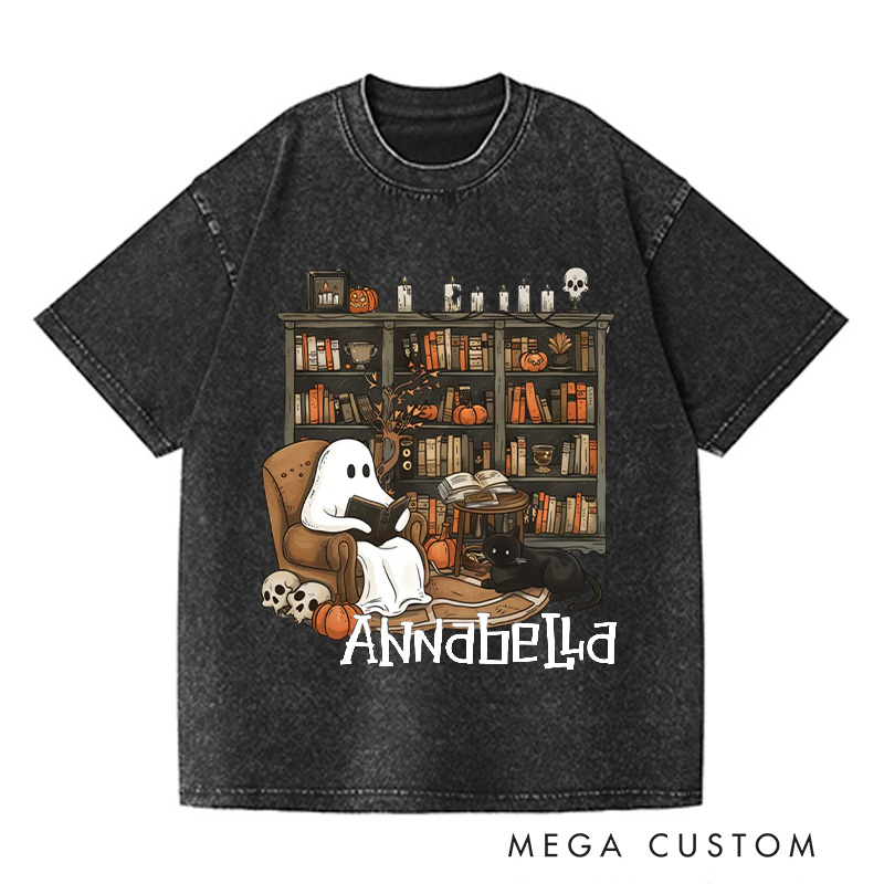 Personalized Retro Ghost Reading Books Washed T-Shirts Book Lover Shirt with Name Halloween Shirt Halloween Gifts Librarian Ghost Shirt