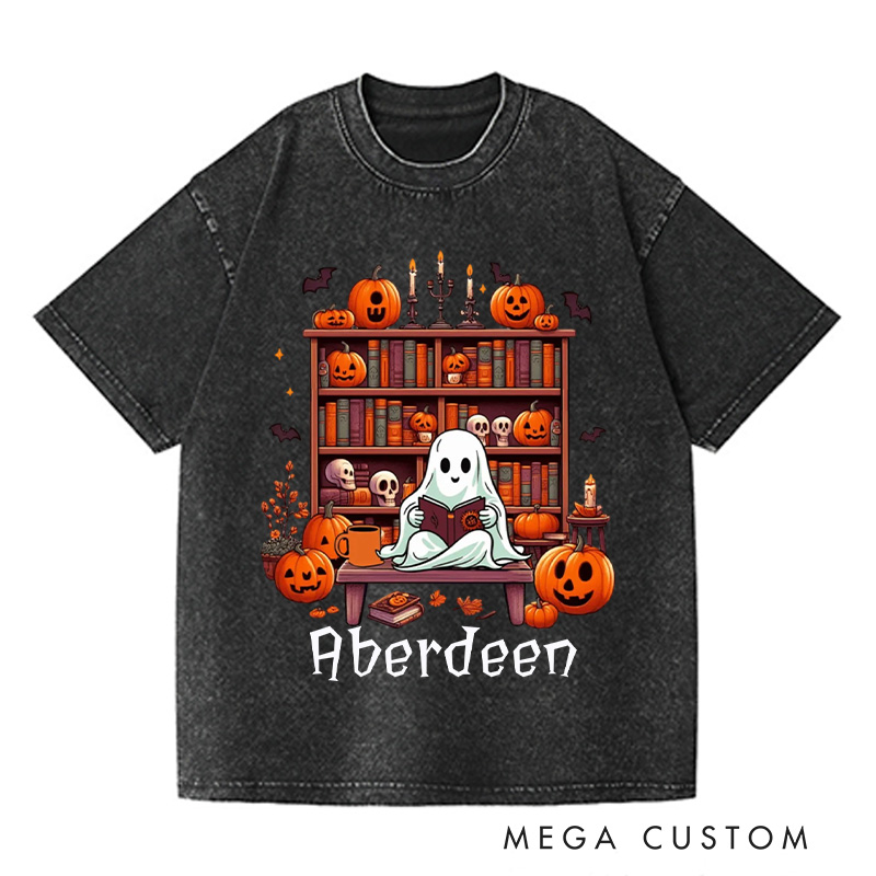 Personalized Ghost Book Reader Washed T-Shirts Reading Enthusiast Book Ghost Reader Tee for Literature Lover Boo Shirt Halloween Gifts