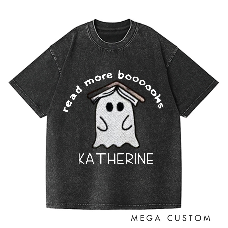 Personalized Ghost Book Washed T-Shirts Fall Spooky Season Tshirt Book Lover Shirt Cute Reading Ghost Shirt Halloween Gift Bookish-Librarian Gift