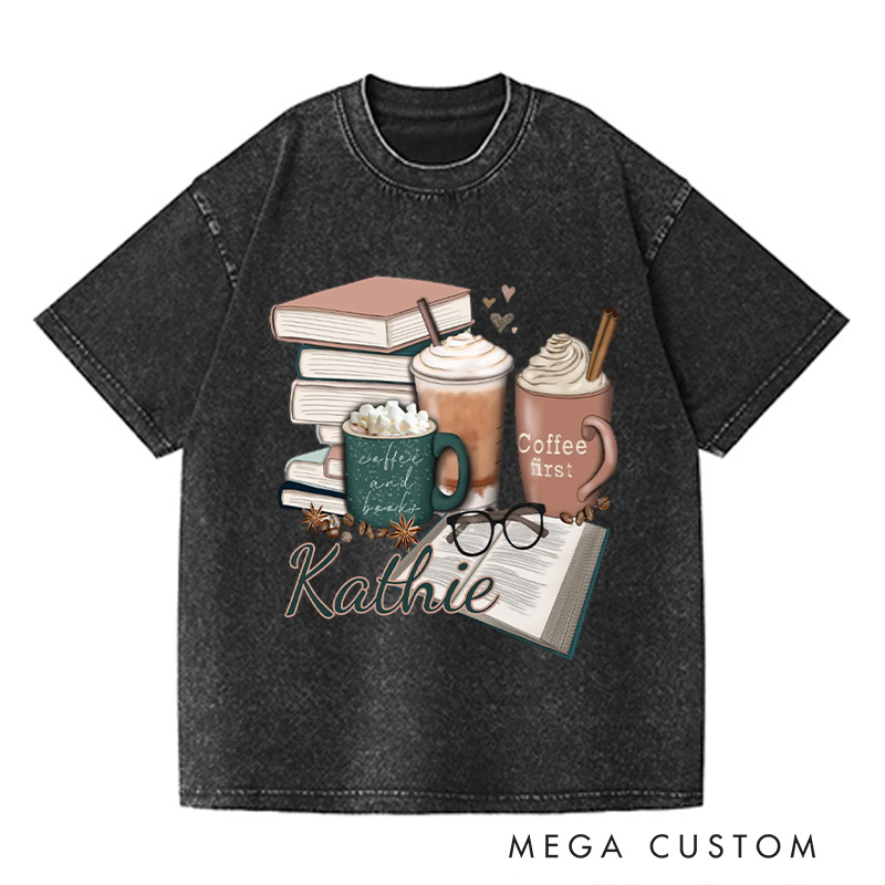 Personalized Coffee and Books Washed T-Shirts Librarian Tshirt Book Lover Shirt Bookworm Shirt Reader Shirt Gift for Reading