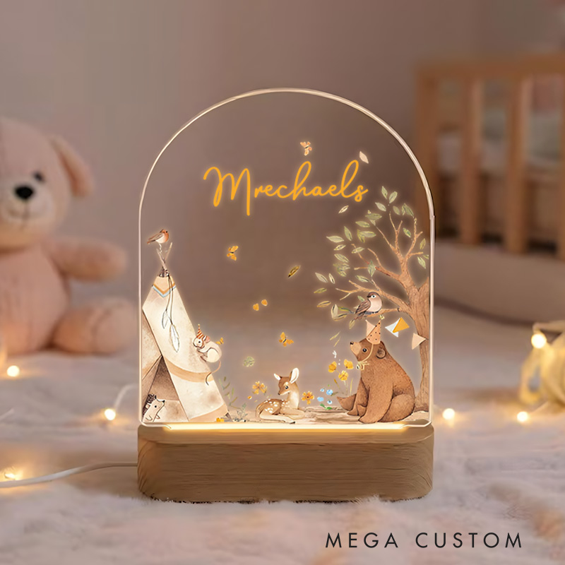 Personalized Woodland Animals Gathering Near Teepee and Tree for Cozy and Whimsical Night Lamp  Newborn Gift
