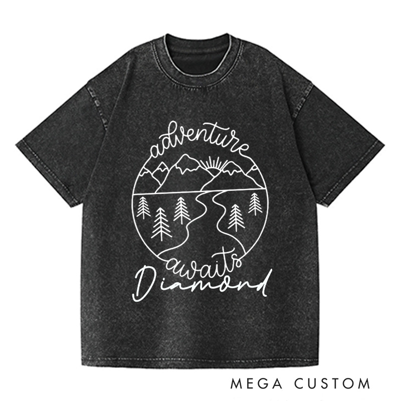 Personalized Adventure Awaits Travel Washed T-Shirts Mountain Shirt  with Name Tshirt Vacation Shirt Trip Lover Shirt Traveler Gift