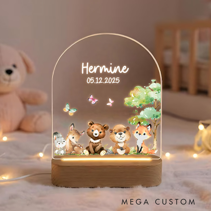 Personalized Adorable Forest Friends Sitting Together with Butterflies and Trees for a Delightful Night Lamp