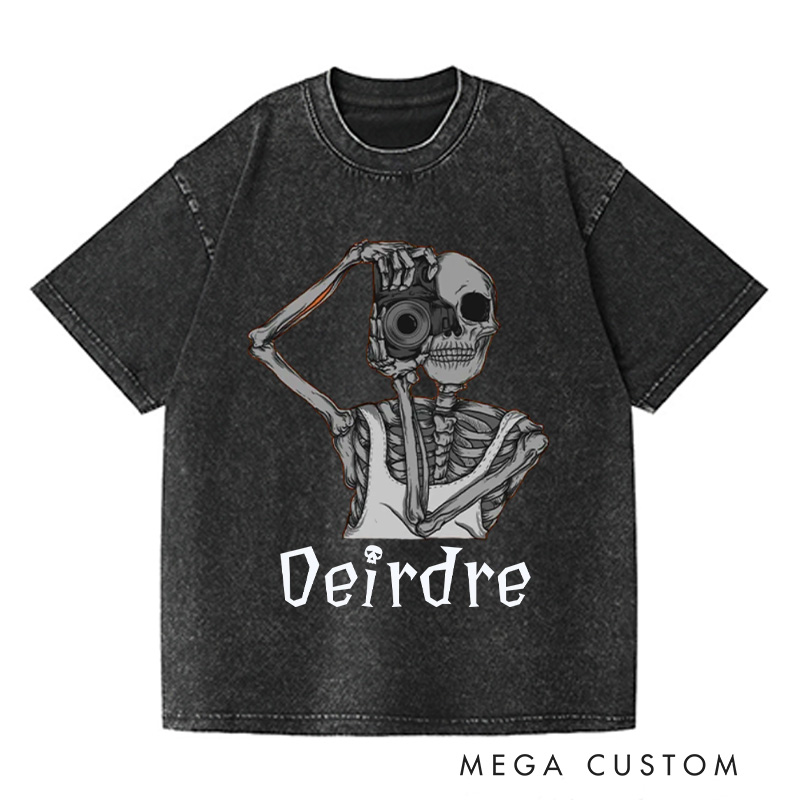 Personalized Skeleton Take Photos Washed T-Shirts Skeleton Shirt Funny Skeleton Tee Gifts For Those Who Love To Travel And Record Trip Lover Gift