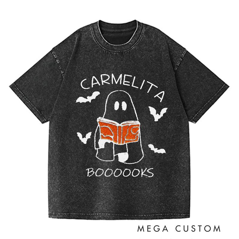 Personalized Booooks Washed T-Shirts Librarian Shirt Halloween Book Shirt Ghost Reading Shirt Reading Halloween Gift for Book Lover Shirt