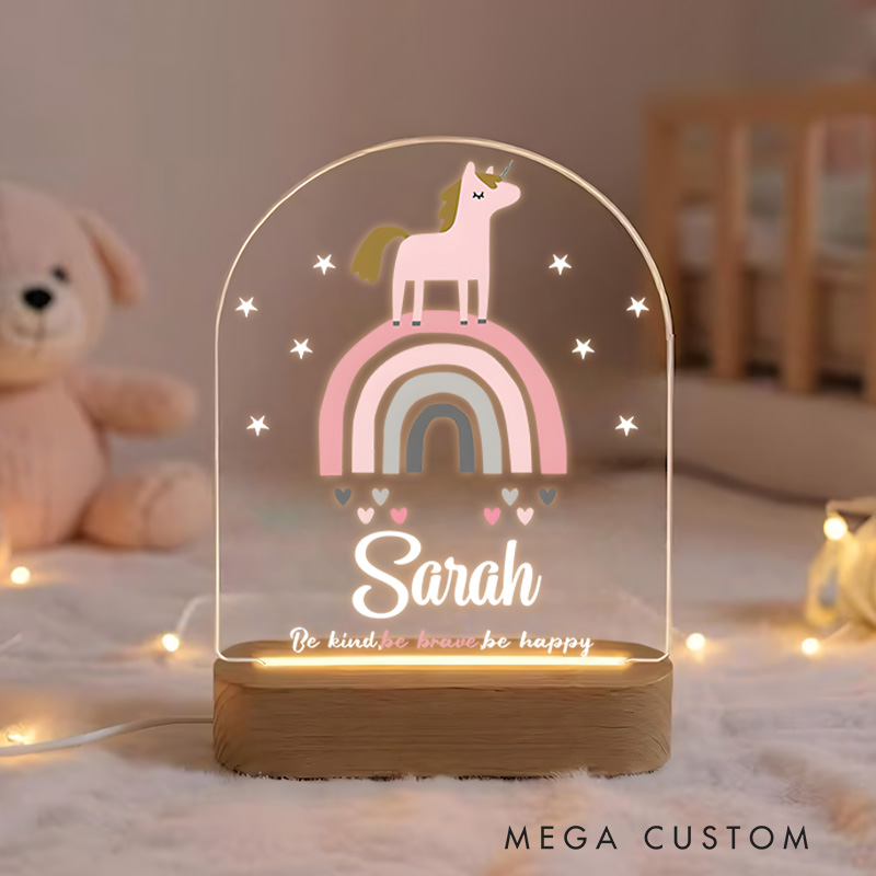 Personalized Magical Unicorn Standing on a Pastel Rainbow Surrounded by Hearts and Stars for a Dreamy Night Lamp
