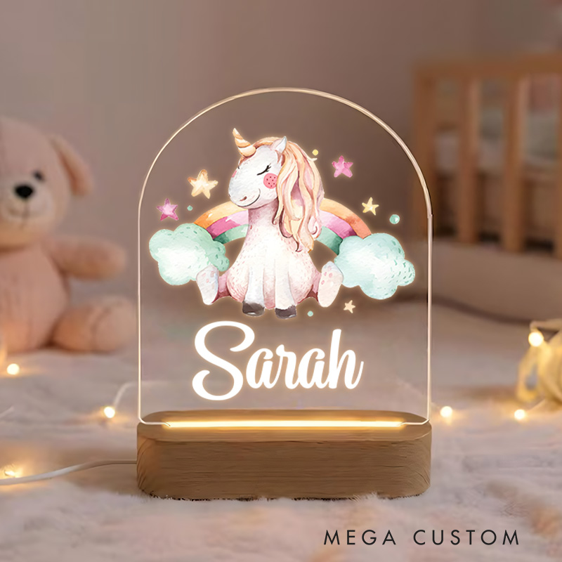 Personalized Adorable Unicorn with Flowing Mane Sitting on a Rainbow Surrounded by Clouds and Stars for a Magical Night Lamp