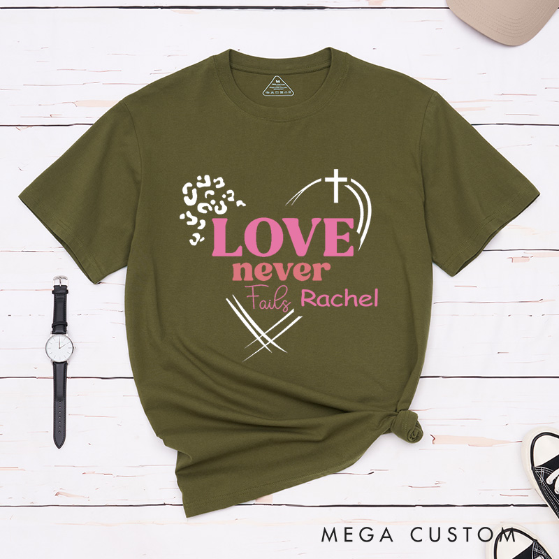 Personalized Love Never Fails Leopard Style Classic T-Shirt Bible Verse Cotton Shirt with Custom Name Easter Gift for Women