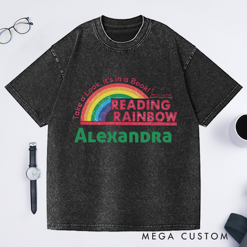 Personalized Reading Rainbow Washed T-Shirts for Librarian, Take a Look It's in a Book Shirt, Retro Librarian Tee with Name Book Lover Gift