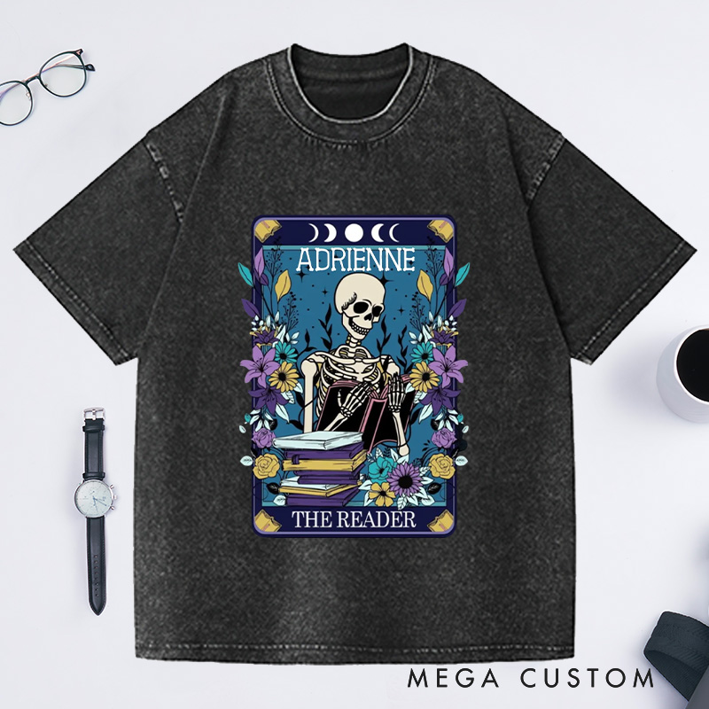 Personalized The Reader Washed T-Shirts Bookish Shirt Skeleton Tarot Shirt for Book Lover Gift Librarian Gift