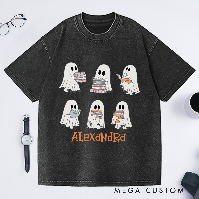 Personalized Ghost Reading Washed T-Shirts Halloween Shirt Librarian Shirt Book Lover Tshirt Reading Shirt