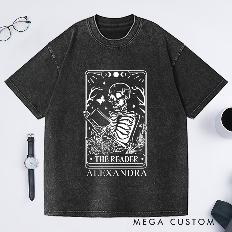 Personalized The Reader Tarot Card Shirt Skeleton Washed T-Shirts Reading Shirt Book Lover Shirt Gift Librarian Shirt 