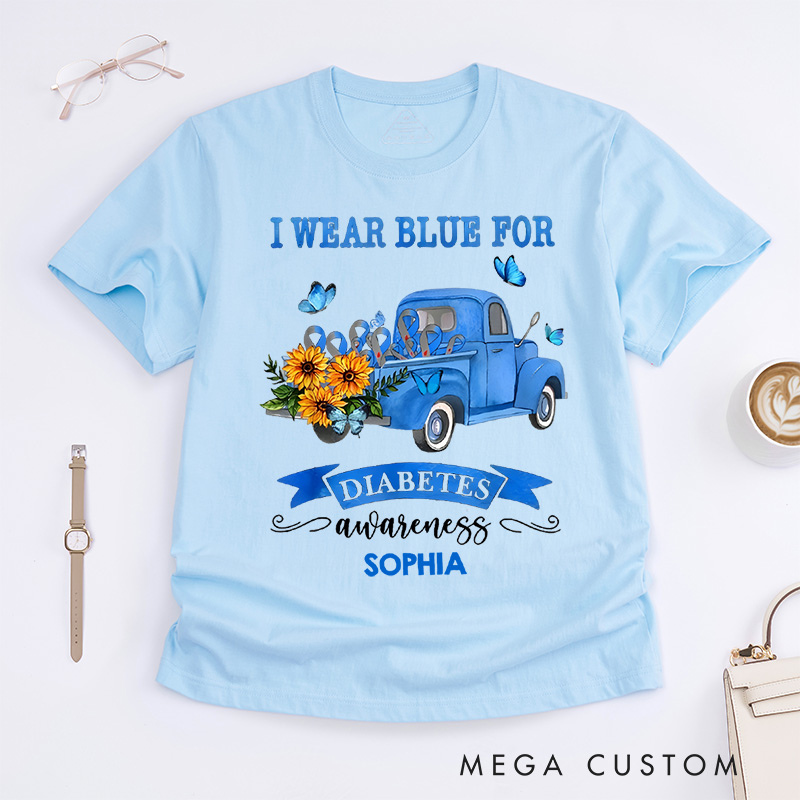 Personalized I Wear Blue for Diabetes Awareness T-Shirt Caring Gifts for the Sick