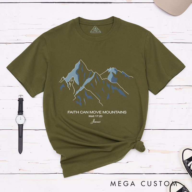 Personalized Faith Can Move Mountains Classic T-Shirt with Custom Name Essential T-Shirt Religious Shirt Birthday Easter Gift for Christians