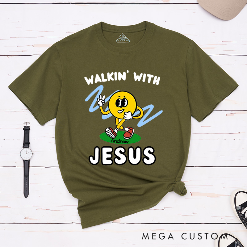 Personalized Walkin with Jesus Smiley Inspirational Shirt Cotton Classic T-Shirt with Custom Name Religious Gift Perfect Gift for Christians