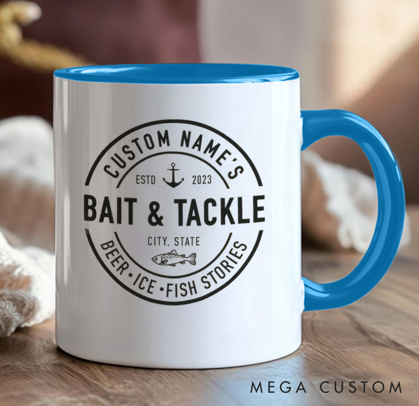 Personalized Bait & Tackle Mug Fishing Design with Name & Location for Fishing Lover