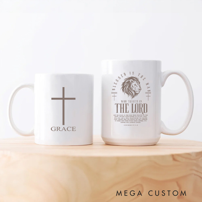 Personalized Cross Lion Bible Verse Christian Ceramic Mug with Name Birthday Gift for Christian Positive Affirmation Religious Gift for Christian