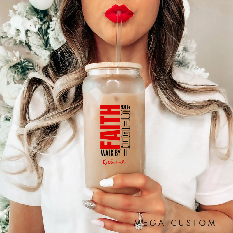 Personalized Christian Walk By Faith Not by Sight Glass Cup with Lid and Straw Birthday Religious Baptism Gift for Family Friends Christians