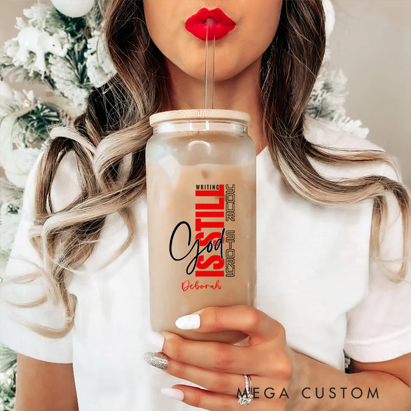 Personalized Christian God Is Still Writing Your Story Glass Cup with Lid and Straw Birthday Religious Baptism Gift for Family Friends Christians