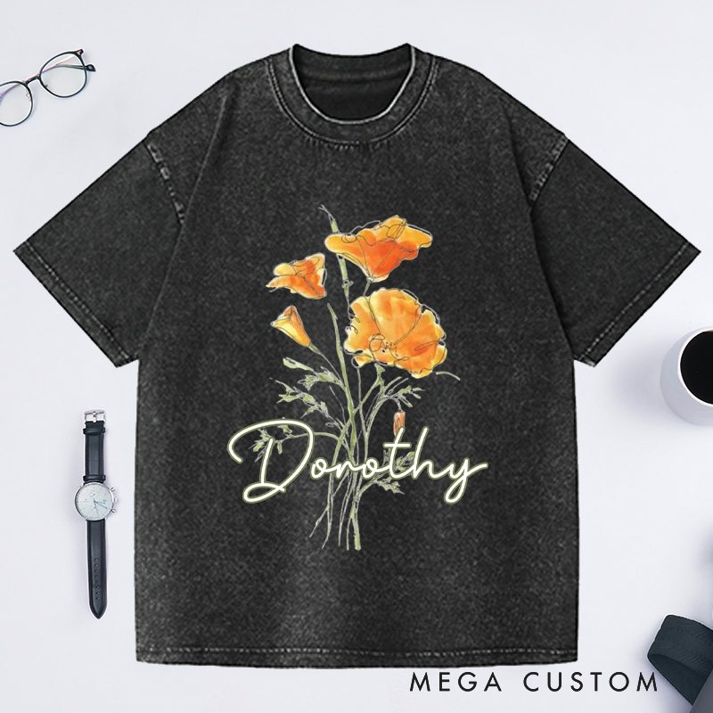 Personalized Golden Poppy Washed T-Shirts Wildflower Shirt Plant Lover Shirt Botanical Shirt California Poppy T shirt Gardening Lover Gift