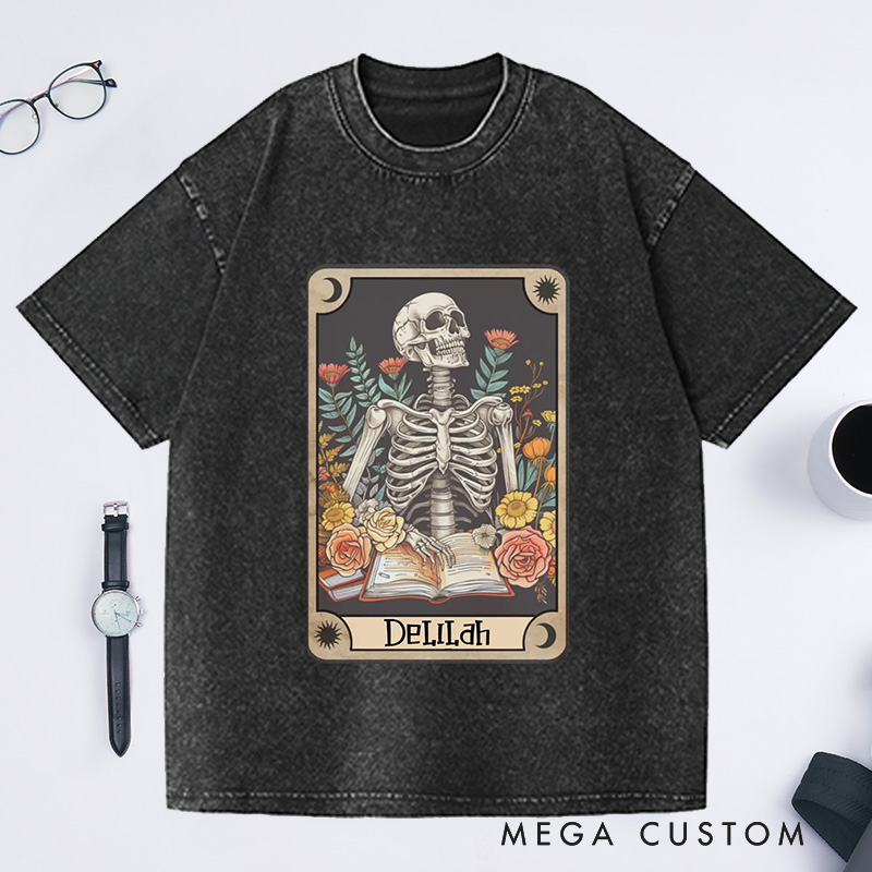 Personalized The Reader Tarot Card Washed T-Shirts Skeleton Reading Shirt Unisex Tarot Card Shirt Book Lover Gift Bookish Gift