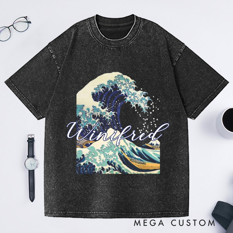 Personalized Giant Wave Washed T-Shirts Artistic Shirts Vacation Tee Customized Name Shirt Gift For Traveler