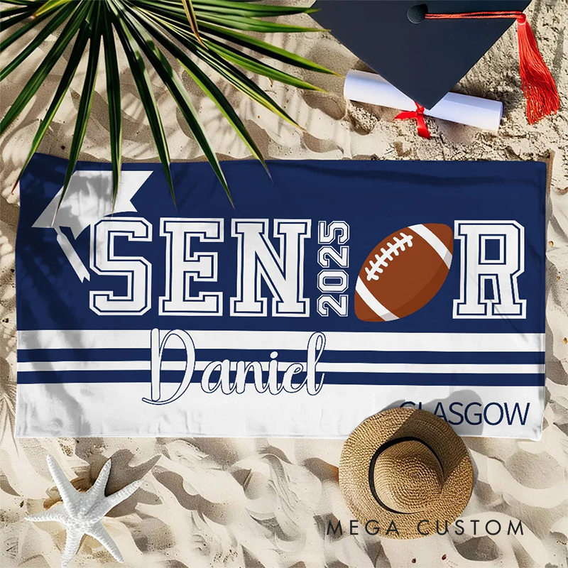 Personalized Senior Graduation Beach Towel with Custom Year Name Sports Theme and School Design