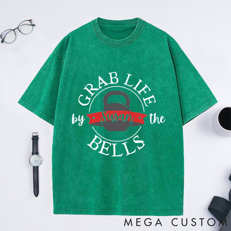 Personalized Kettlebell Washed T-Shirts with Motivational Grab Life by the Bells Design for Fitness Enthusiasts Bodybuilders and Gym Lovers