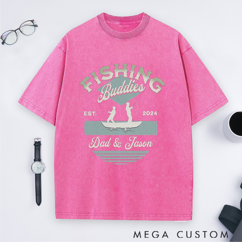Personalized Fishing Buddies Washed T-Shirt with Father and Child Silhouette for Fishing Enthusiast