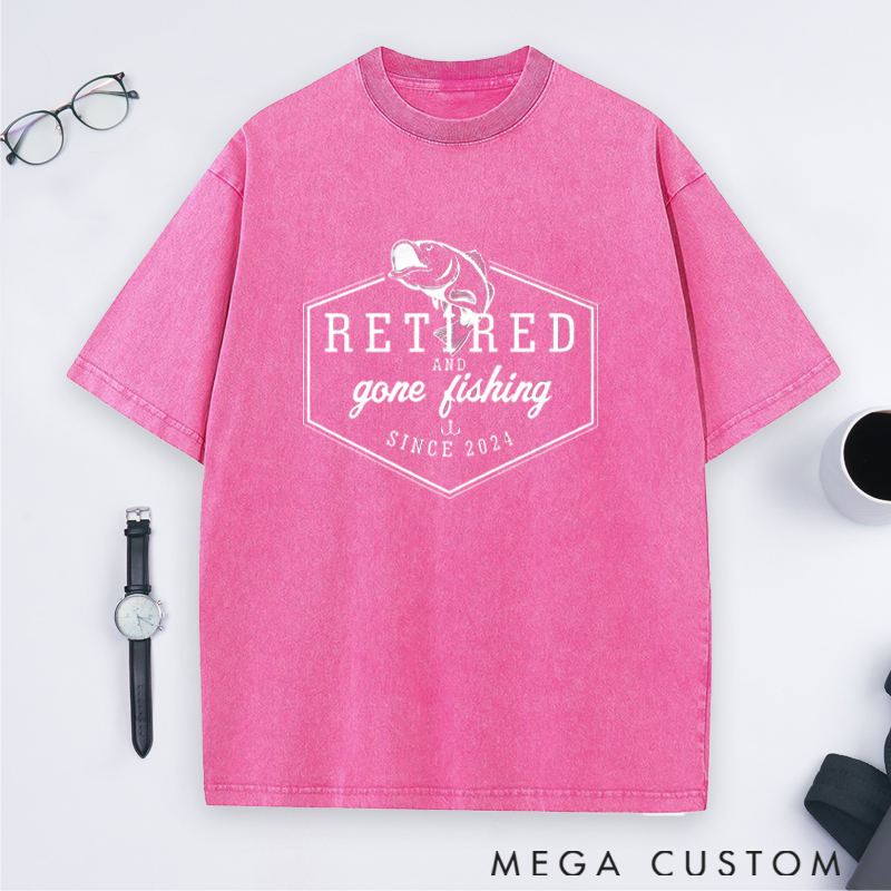 Personalized Retired and Gone Fishing Washed T-Shirt Retirement Gift for Fishing Outdoors Lover