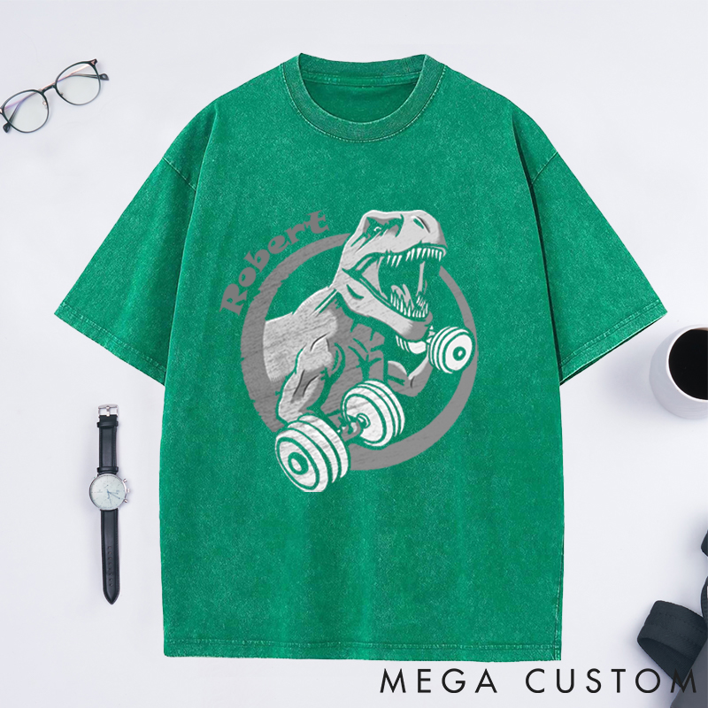 Personalized Gym Washed T-Shirts with Fierce T Rex Lifting Dumbbells Design for Fitness Enthusiasts Bodybuilders and Gym Lovers