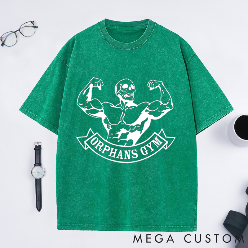 Personalized Gym Washed T-Shirts with Bold Skeleton Bodybuilder Design for Fitness Enthusiasts Bodybuilders and Gym Lovers