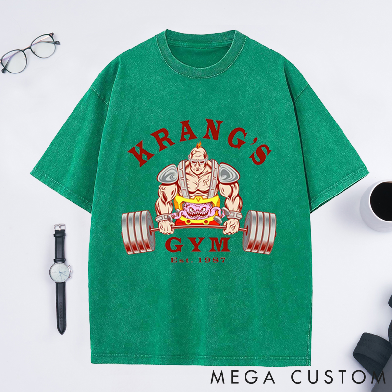 Personalized Gym Washed T-Shirts with Bold Alien Bodybuilder Lifting Design for Fitness Enthusiasts Bodybuilders and Gym Lovers
