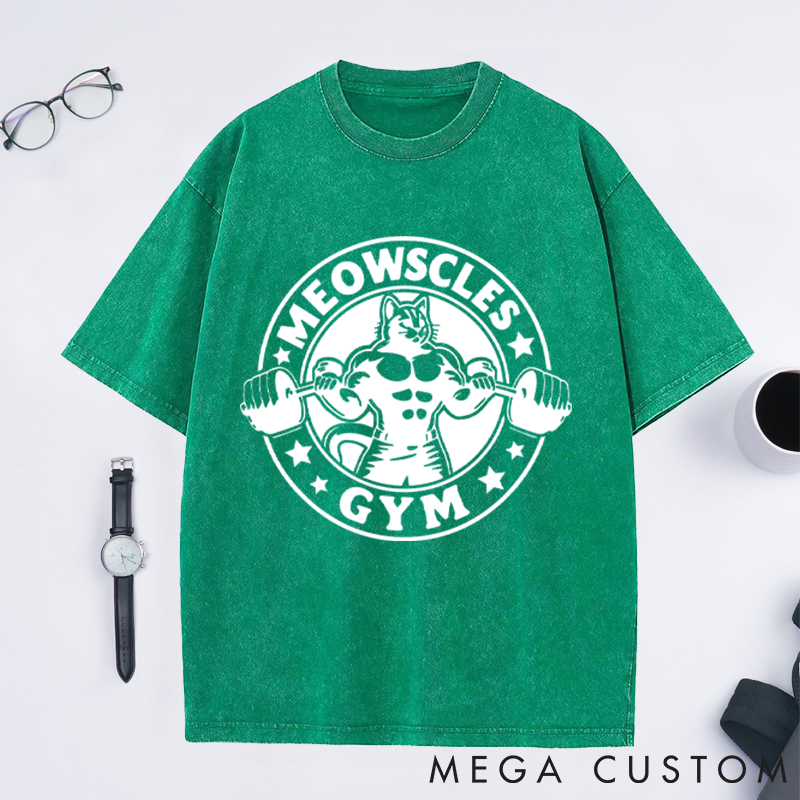 Personalized Gym Washed T-Shirts with Buff Cat Lifting Dumbbells Design for Fitness Enthusiasts Bodybuilders and Gym Lovers