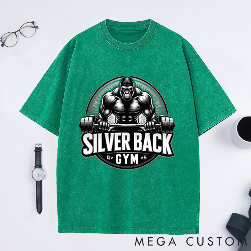 Personalized Retro Fitness Washed T-Shirts with Fierce Gorilla Lifting Barbell Design for Fitness Enthusiasts Bodybuilders and Gym Lovers