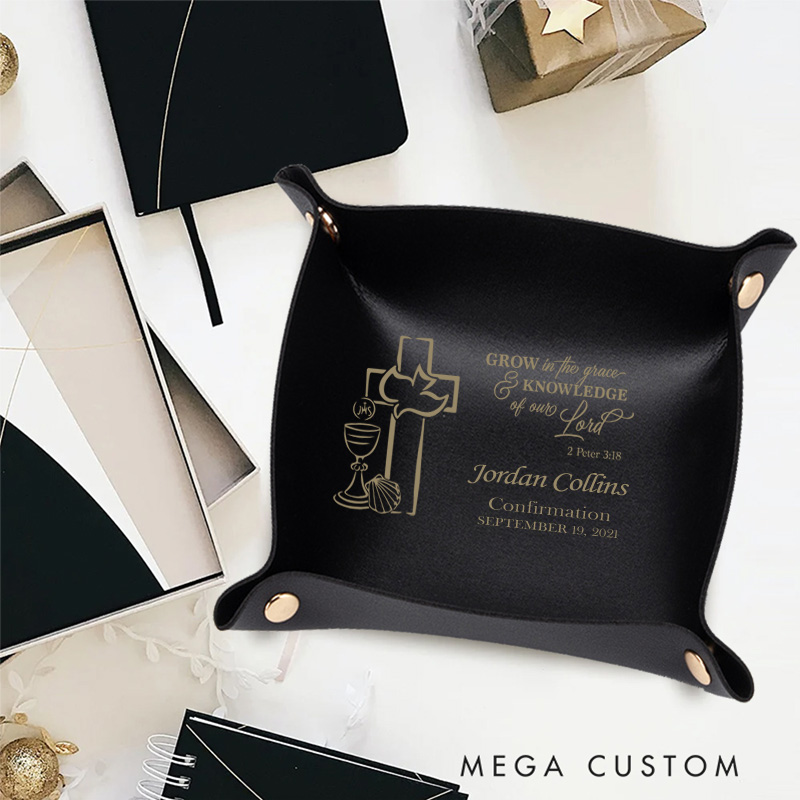 Personalized Cross Dove Leather Folding Storage Tray with Name and Date Confirmation Gift Christening Religious Gift for Christian
