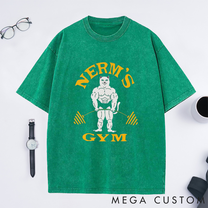 Personalized Barbell Design Washed T-Shirts with Muscular Cartoon Character for Fitness Enthusiasts Bodybuilders and Gym Lovers