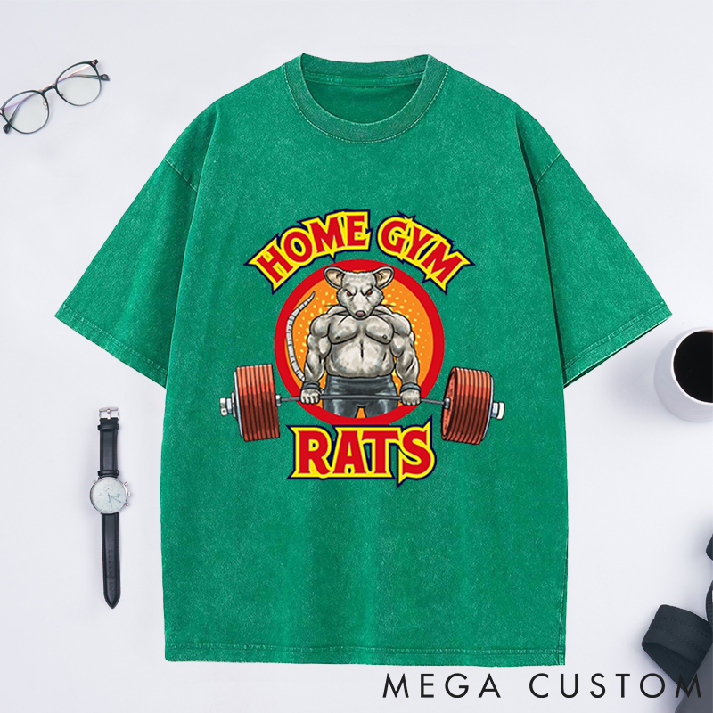 Personalized Gym Washed T-Shirts with Muscular Rat Lifting Barbell Design for Fitness Enthusiasts Bodybuilders and Gym Lovers