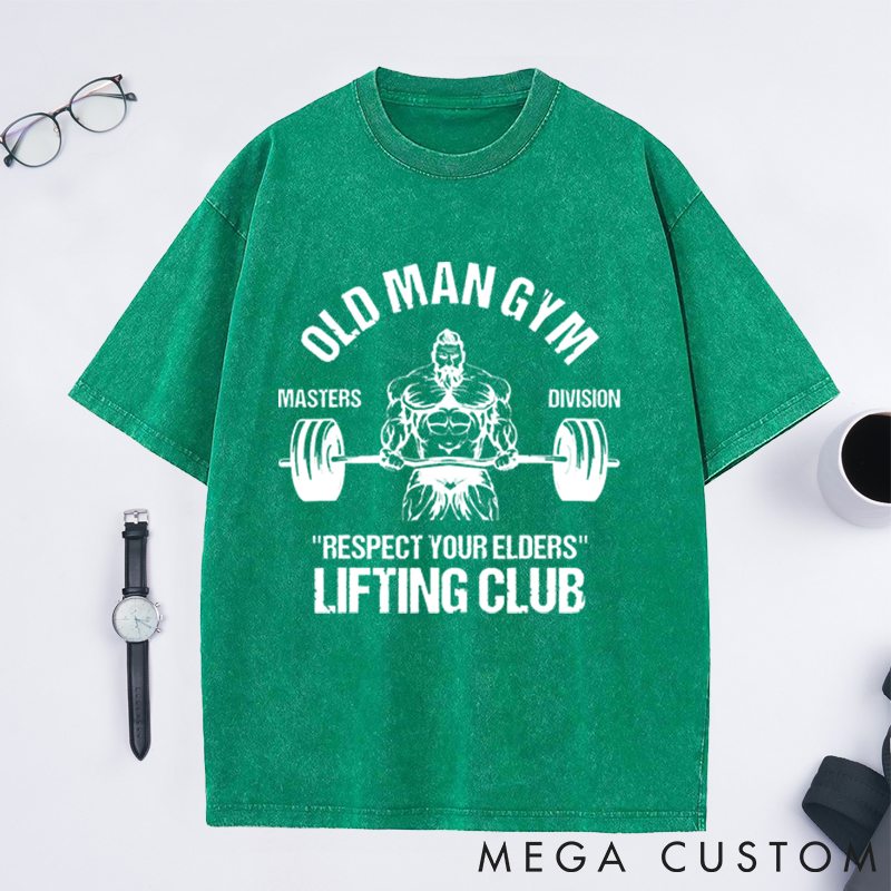 Personalized Old Man Gym Washed T-Shirts with Masters Lifting Club Design for Fitness Enthusiasts Bodybuilders and Gym Lovers