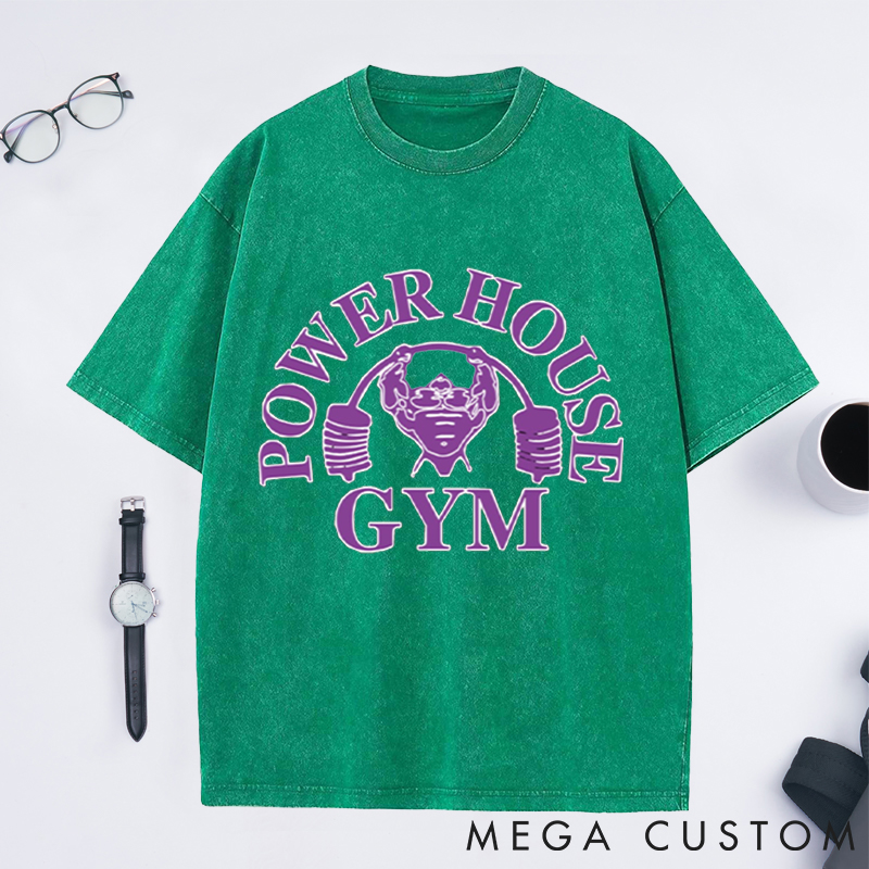 Personalized Power House Gym Washed T-Shirts with Bold Purple Bodybuilder Design for Fitness Enthusiasts Bodybuilders and Gym Lovers