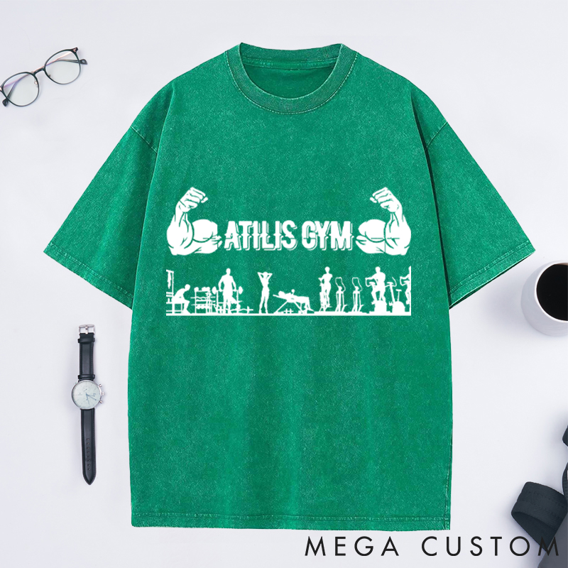 Personalized Gym Washed T-Shirts with Bold Muscle and Fitness Silhouette Design for Fitness Enthusiasts Bodybuilders and Gym Lovers