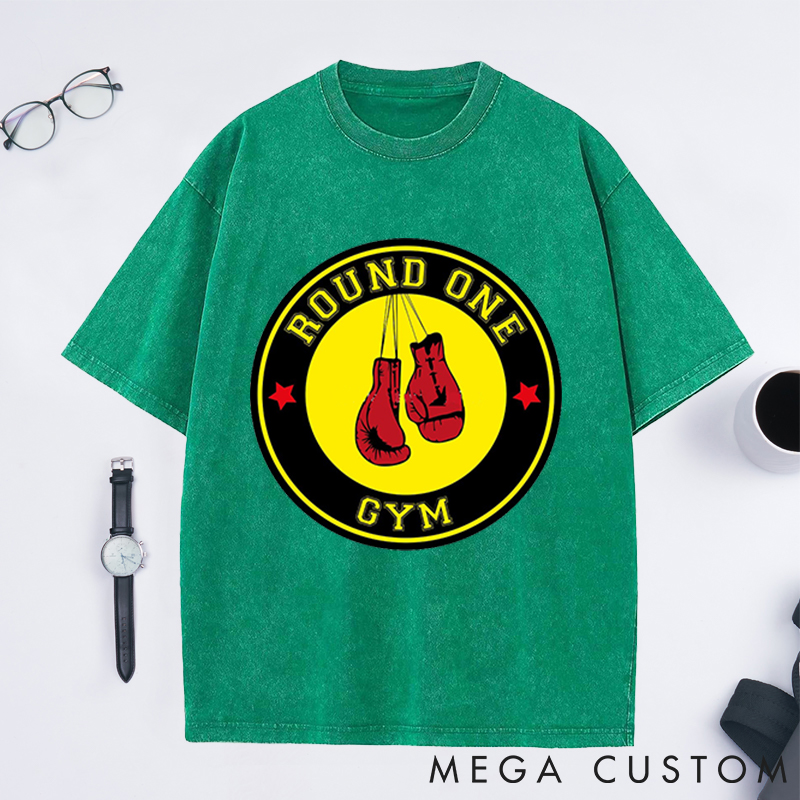 Personalized Round One Gym Washed T-Shirts with Classic Boxing Gloves Design for Fitness Enthusiasts Bodybuilders and Gym Lovers