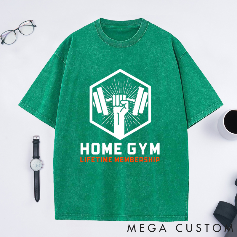 Personalized Gym Washed T-Shirts with Lifetime Membership Bold Barbell Design for Fitness Enthusiasts Bodybuilders and Gym Lovers
