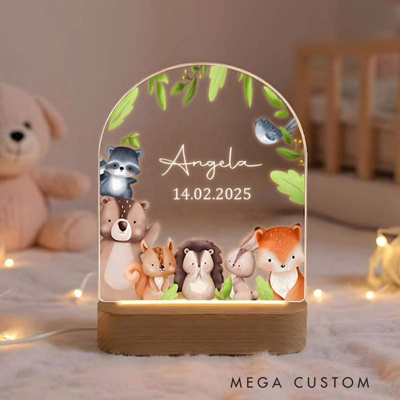 Personalized Woodland Animals Illustration Featuring Bear Rabbit and Fox for a Cozy and Warm Glow Night Lamp