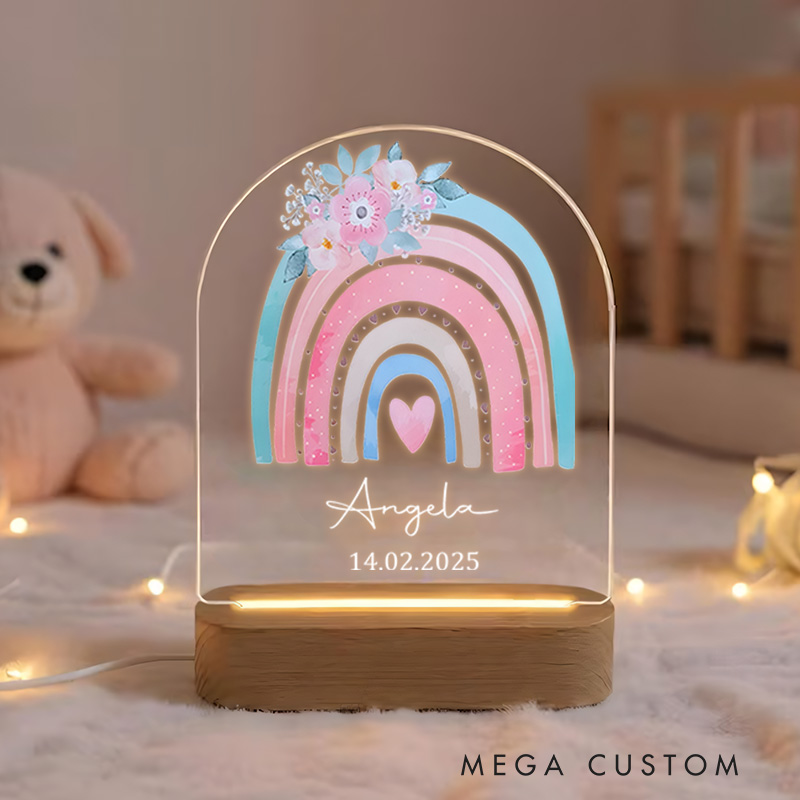 Personalized Pastel Rainbow Illustration with Floral Details for a Charming and Delightful Glow Night Lamp