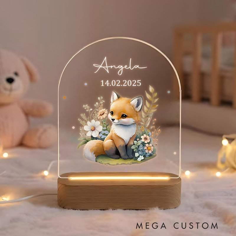 Personalized Fox Illustration Surrounded by Floral Accents for a Cozy and Enchanting Nursery Ambiance Night Lamp