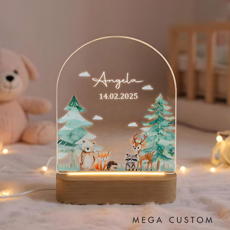 Personalized Woodland Scene Illustration Featuring Forest Animals for a Nature Inspired Glow Night Lamp